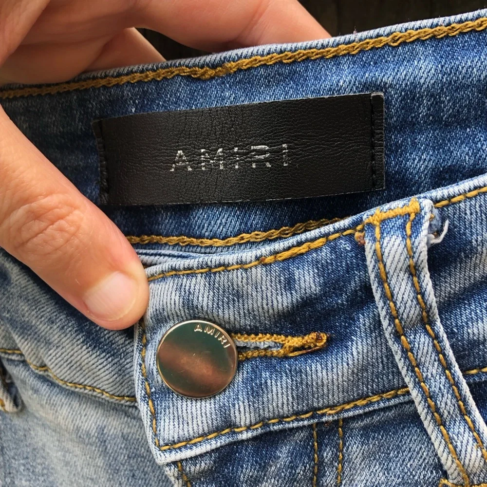 Amiri MX1 Jeans Distressed Ribbed Patchwork Size 29 Light Wash Skinny Stretch
